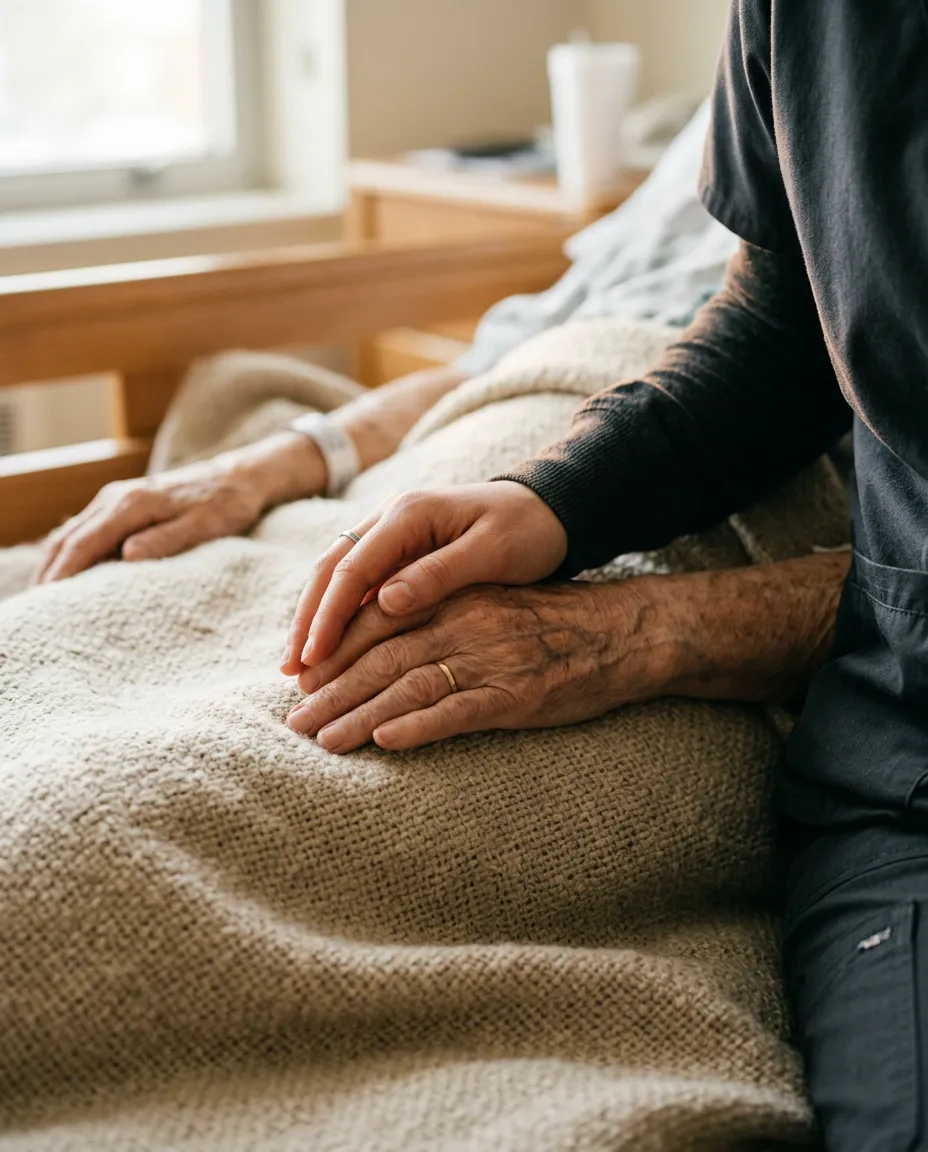 Caring hand gently holding an elderly patient's hand beside a hospital bed in soft natural lighting