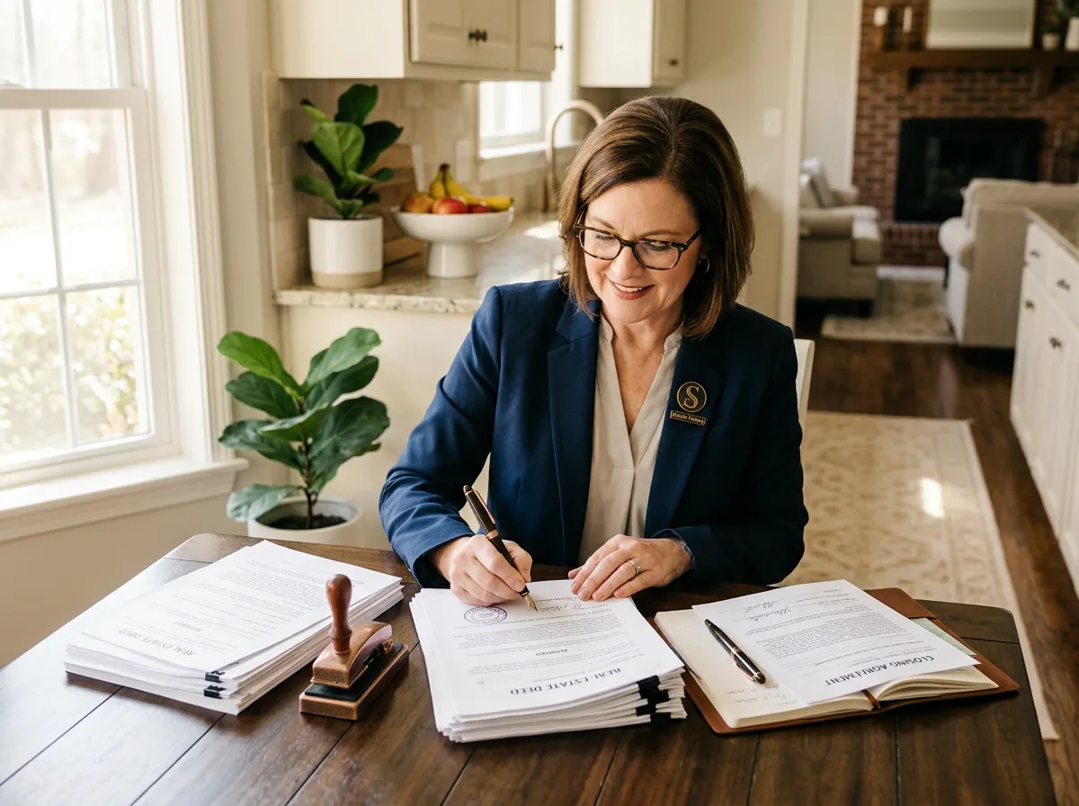 Mobile notary signing legal and real estate documents in a bright Saline County home