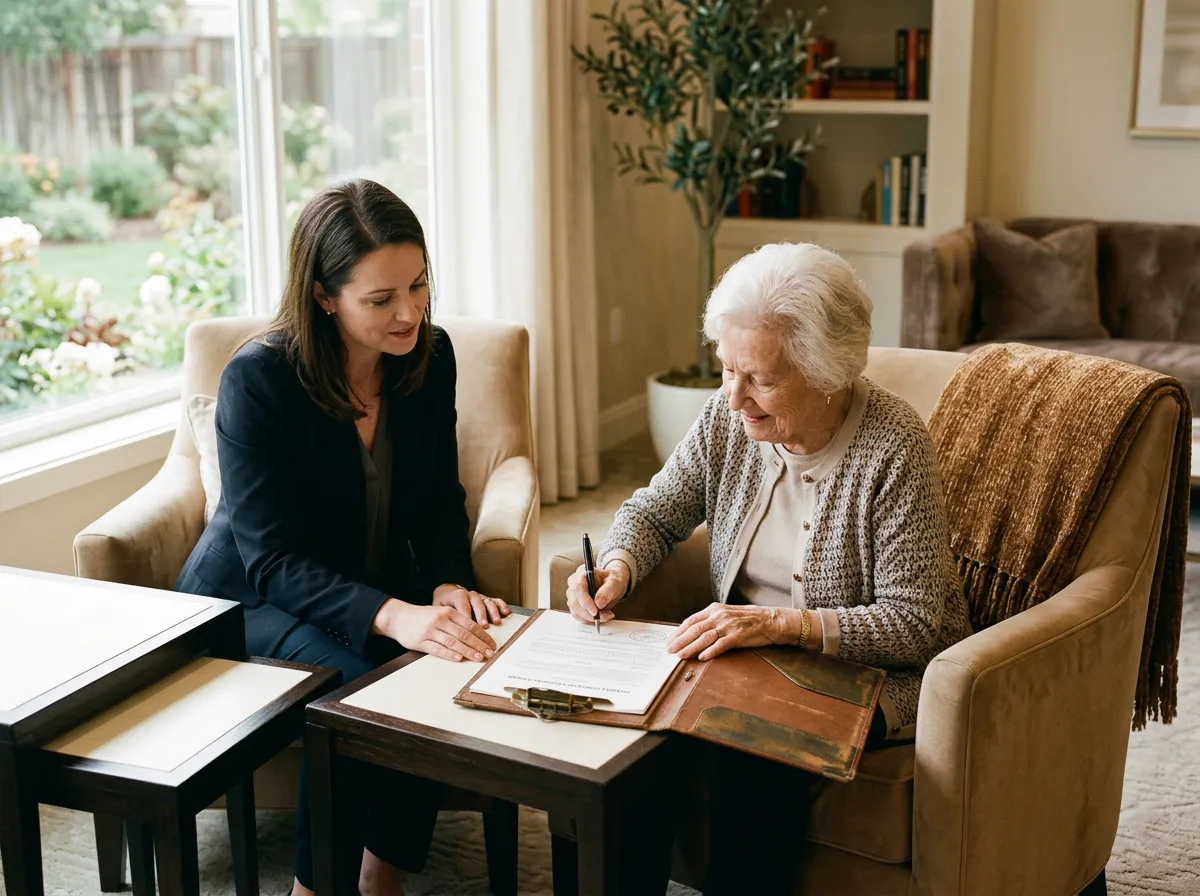 Quiet and compassionate notary signing session in a senior healthcare setting