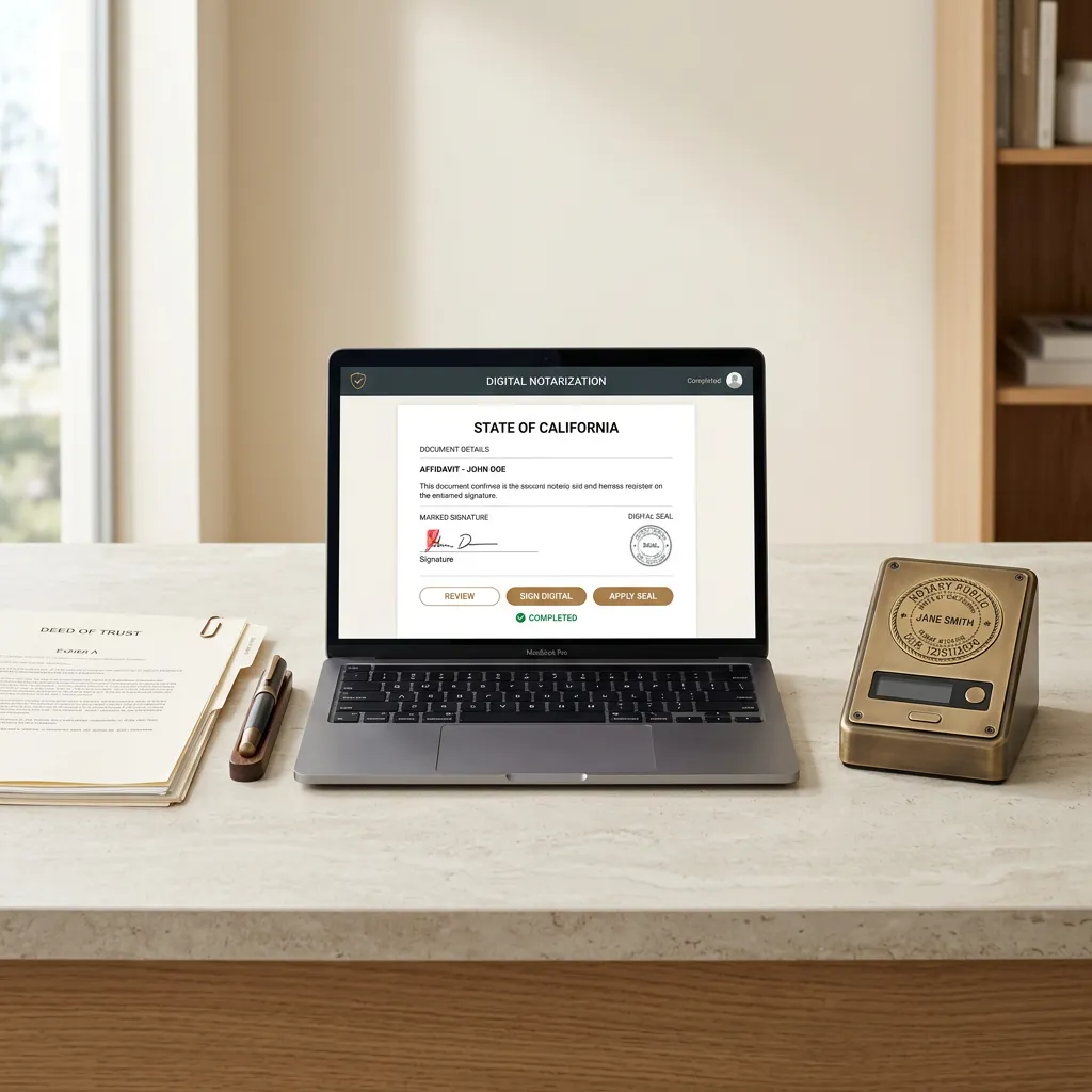 Professional digital notary workspace featuring laptop, legal documents, and official e-seal interface