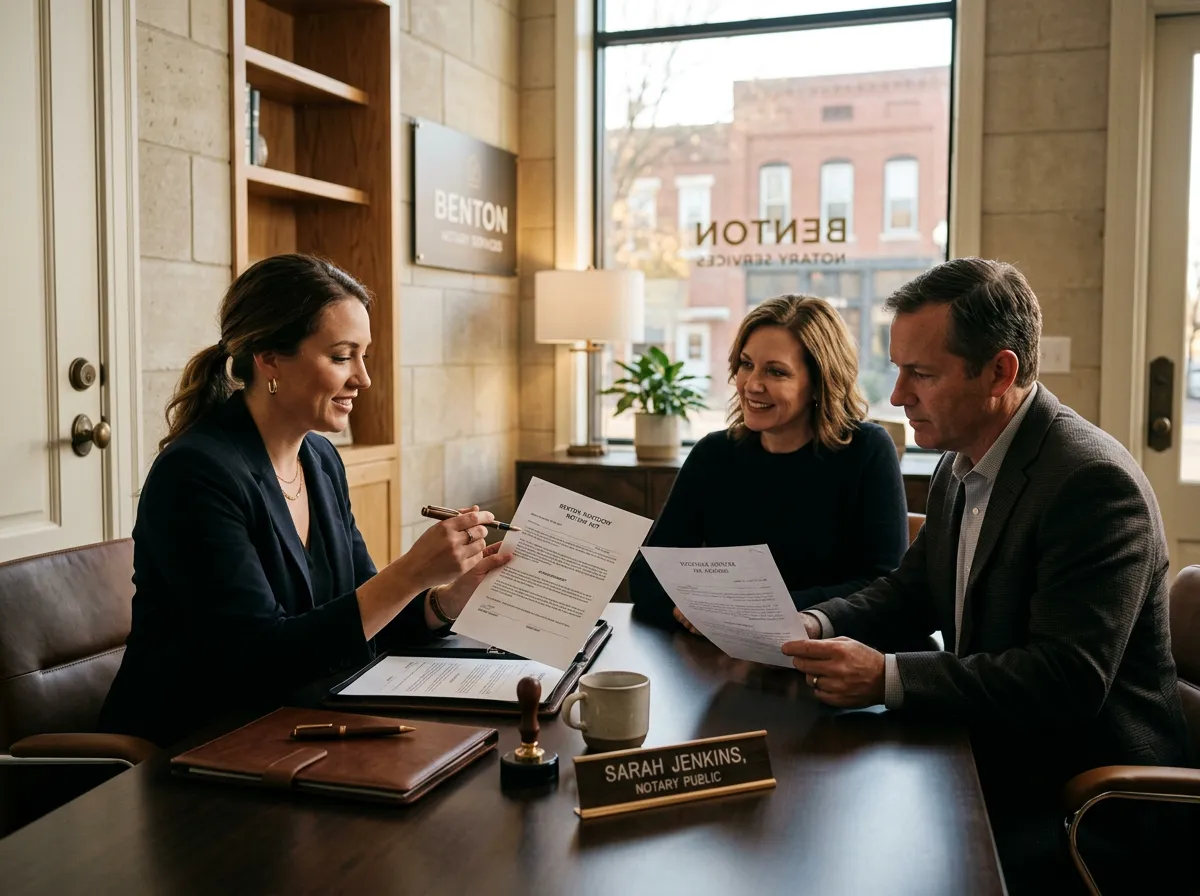 Professional mobile notary meeting with clients at a downtown Benton office