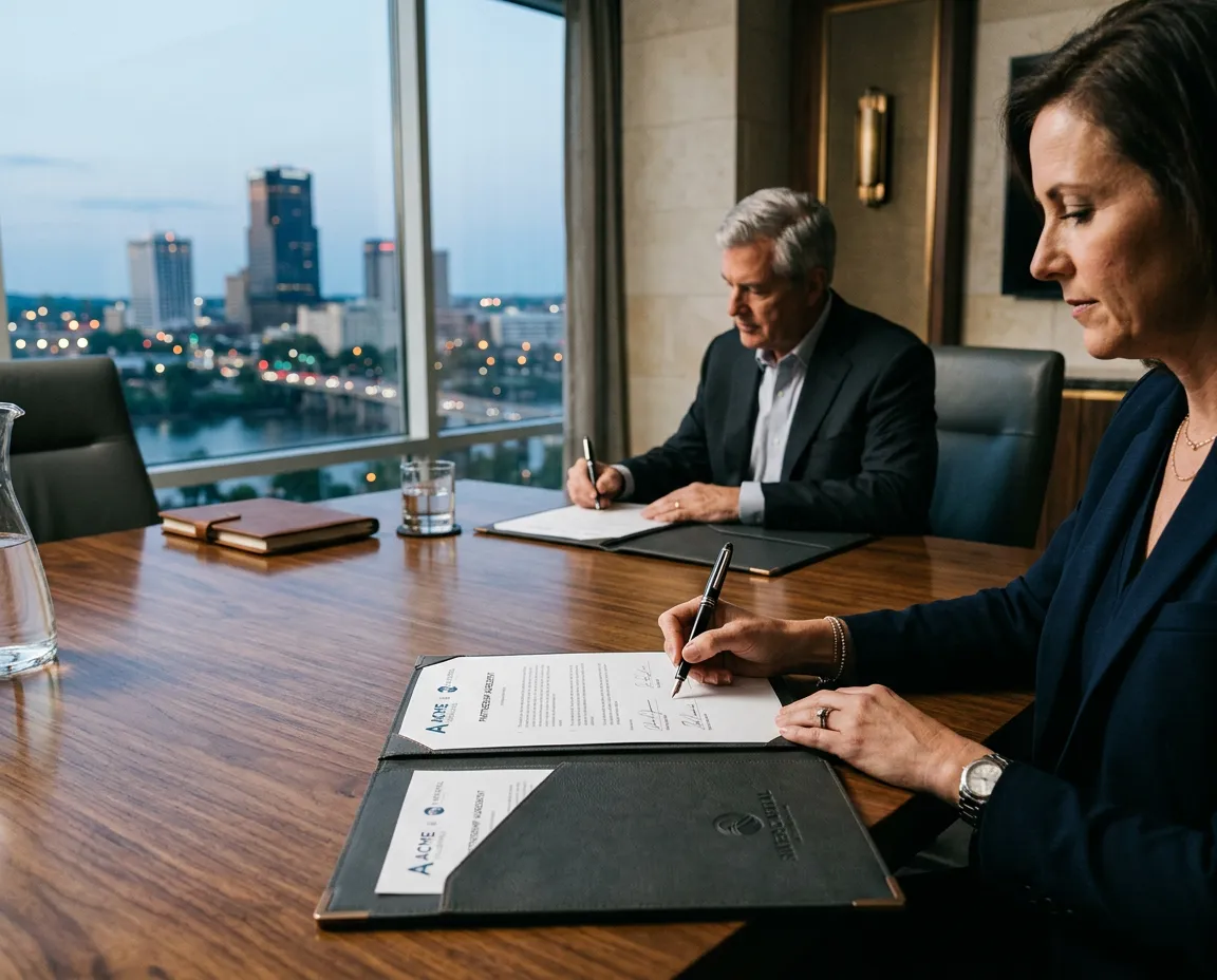 Corporate boardroom signing in downtown Little Rock financial district