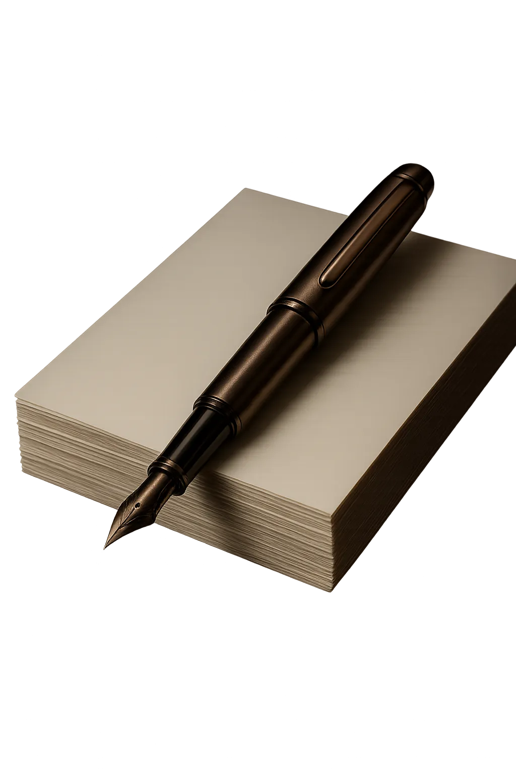 Formal signing table with fountain pen, notary embossing seal, and leather portfolio