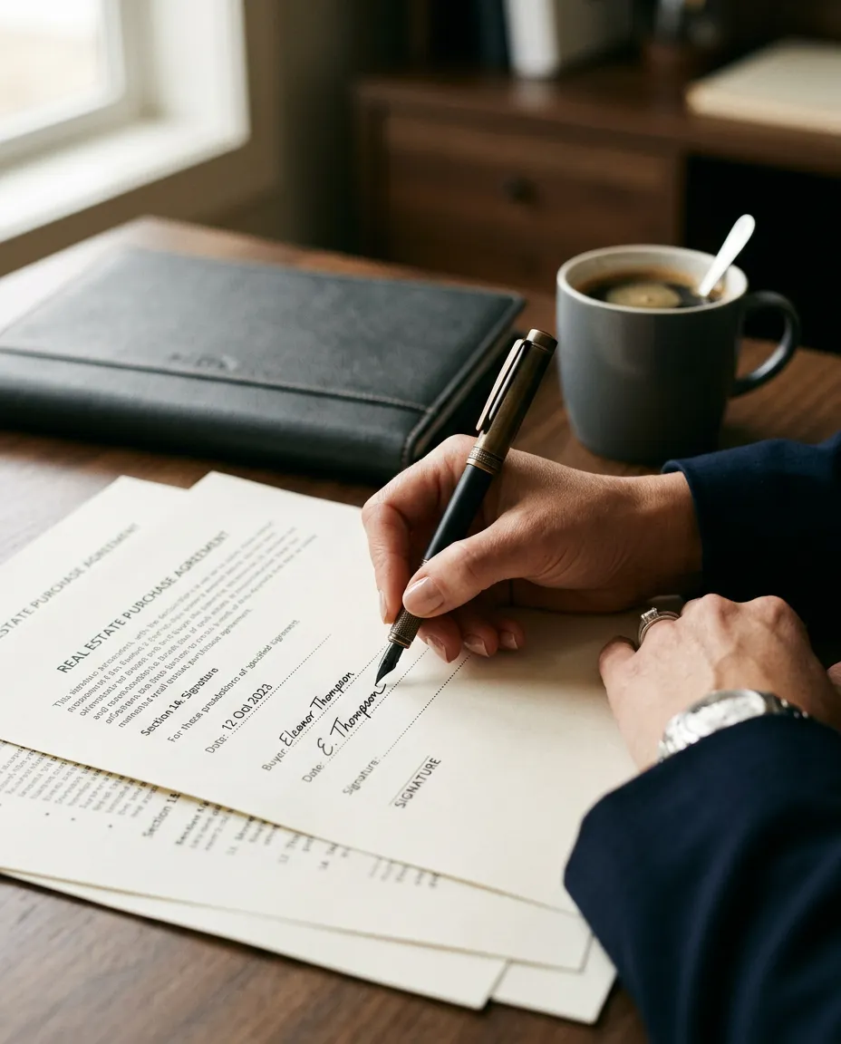 Professional in-person mobile notary signing legal documents on desk