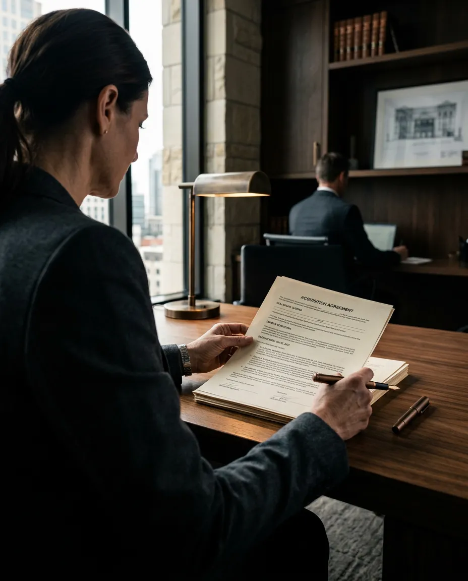 Professional real estate loan signing documentation and architectural bronze pen on wooden desk