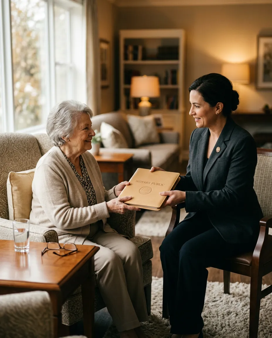 Dignified and calm bedside notary signing setting with warm ambient lighting and leather portfolio