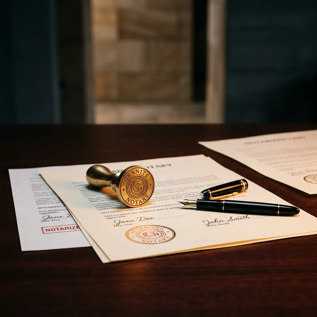 Professional clean legal office environment with mahogany desk and formal notary seals