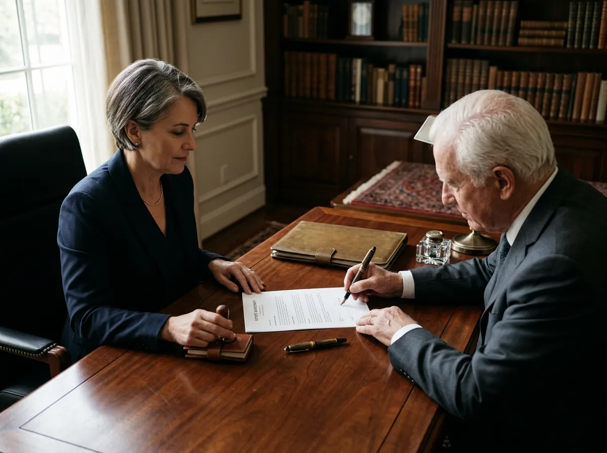 Dignified estate signing on a rich wood desk in a private residence study