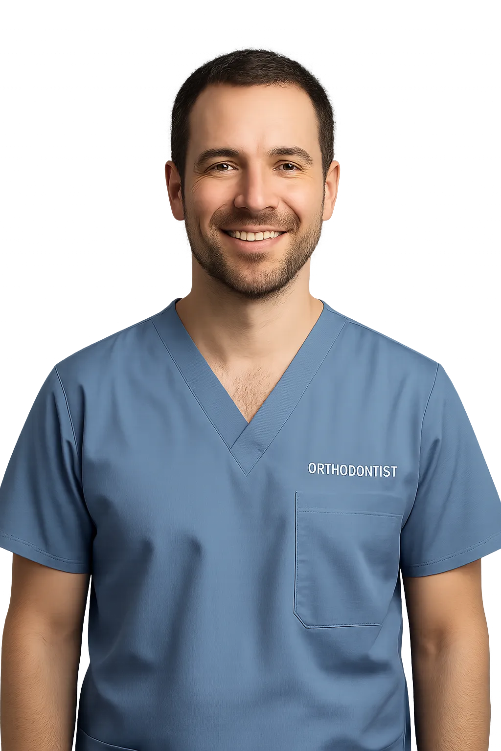 Smiling orthodontist in scrubs, waist-up, on transparent background