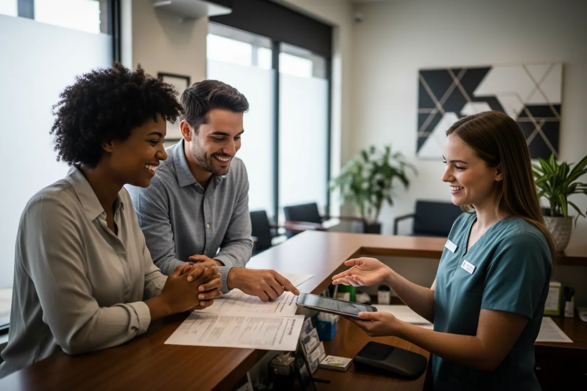 Smiling couple discussing financing options with a receptionist at a bright dental front desk.