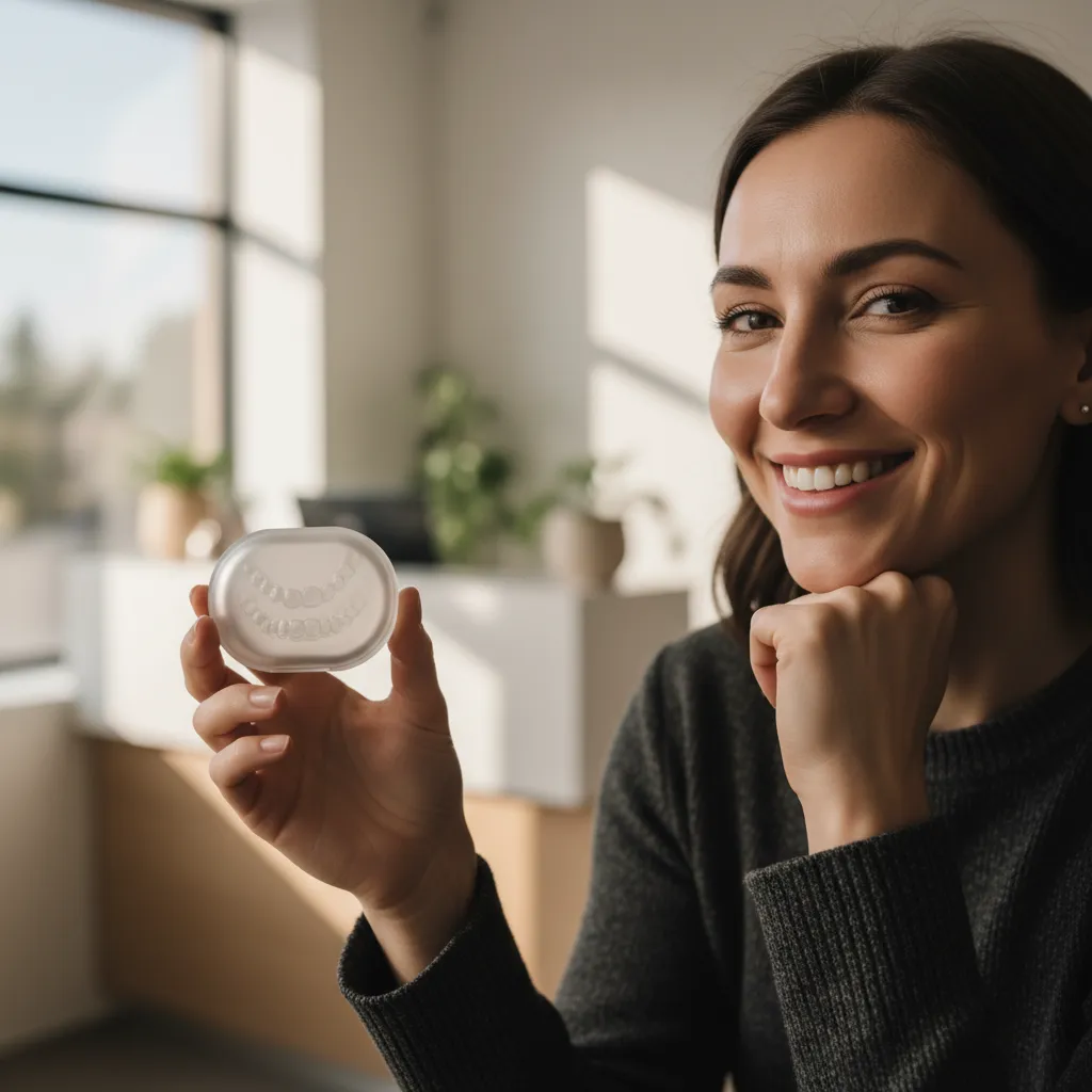 Adult patient holding a ClearCurve aligner case in a modern bright dental clinic.