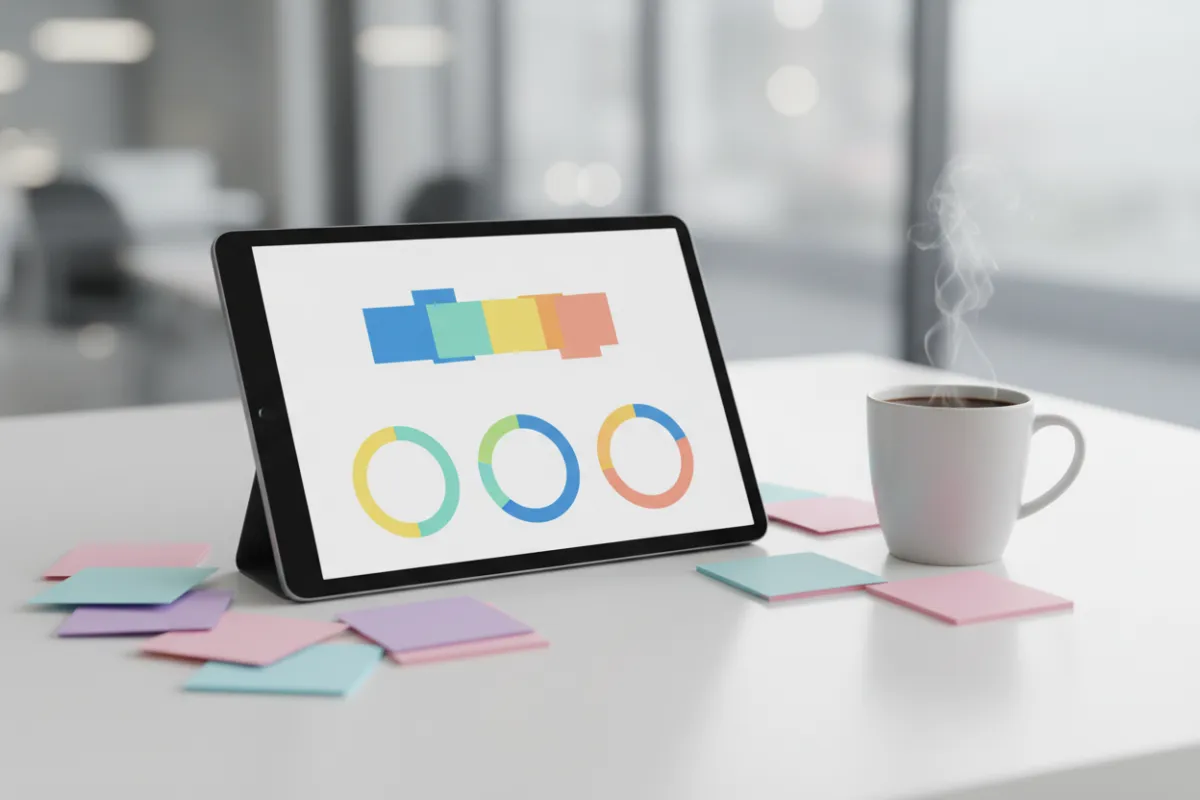 A digital dashboard on a tablet displays progress charts and goal trackers, surrounded by colorful sticky notes and a coffee mug. 3:2 aspect ratio, clean, tech-inspired.