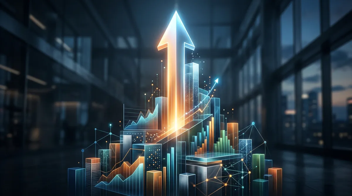 Abstract premium visual representing maximum growth with an upward arrow and data charts