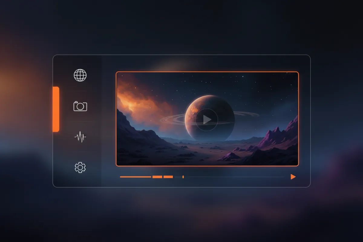 Product demo screen of the OrbitTour content generator showing tabs on the left and a large video preview on the right with orange accent highlights and a clean modern UI.