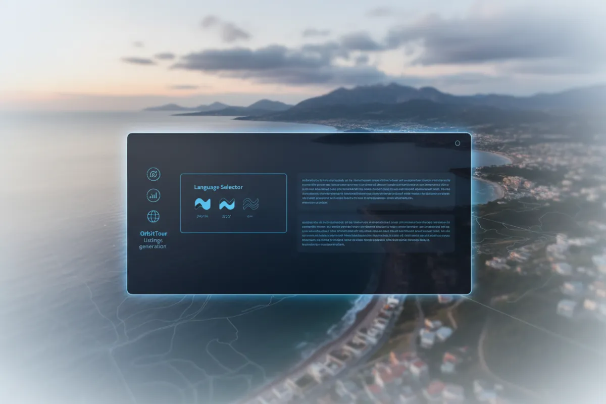OrbitTour interface generating multilingual property listings with language selector and translated description examples.