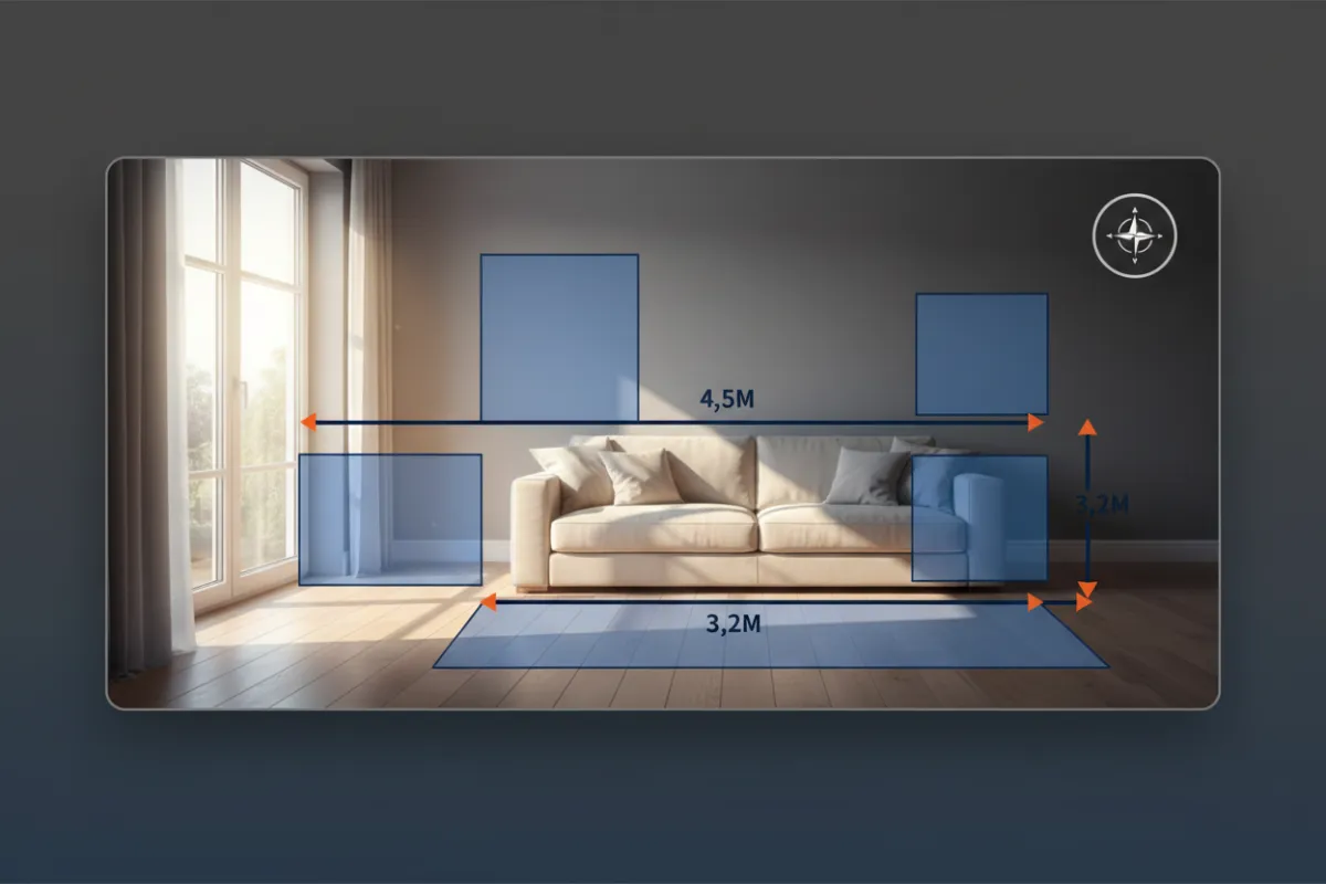 OrbitTour auto-generated floorplan overlay on a living room photo with live measurements.