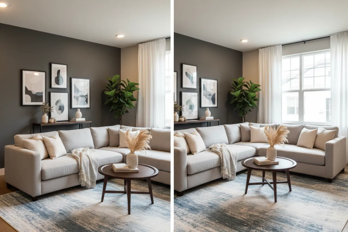 Virtually staged living room showing sale-ready presentation after decoration.