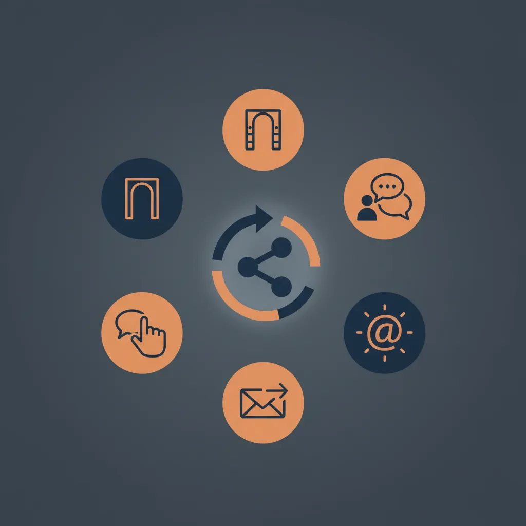 Round icon cluster illustrating sharing channels across portals, social, and email around a central share icon.