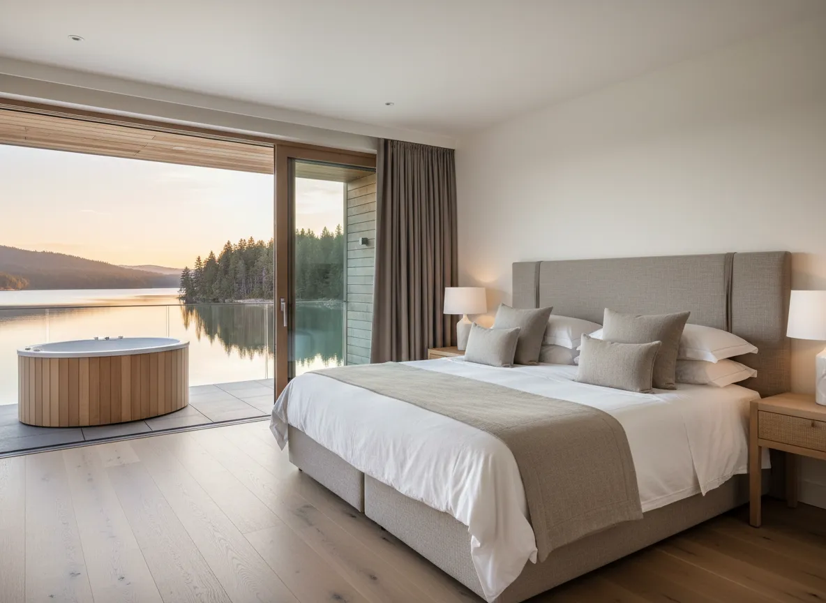 Lakeside suite with balcony and outdoor hot tub