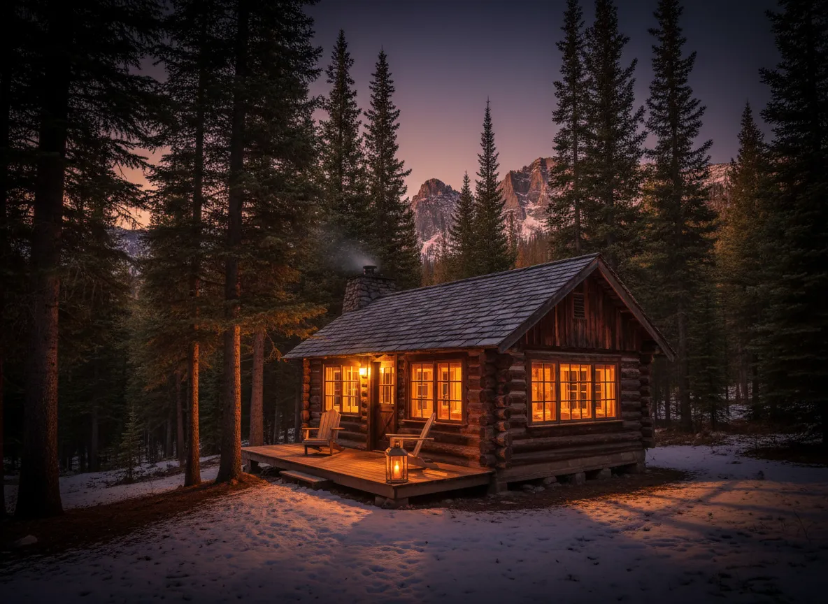 Cozy one-bedroom forest cabin with warm lighting