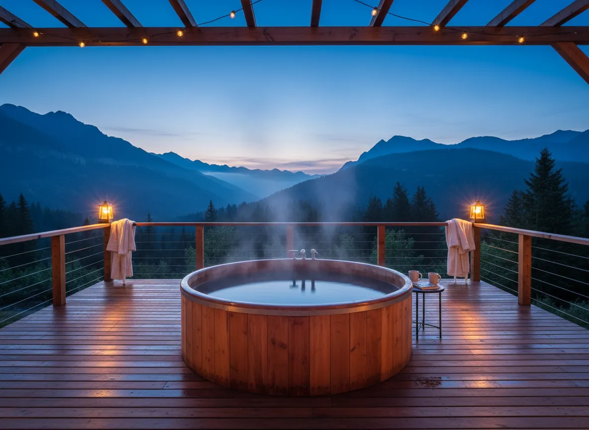 Outdoor hot tub on a deck overlooking forested mountains at dusk