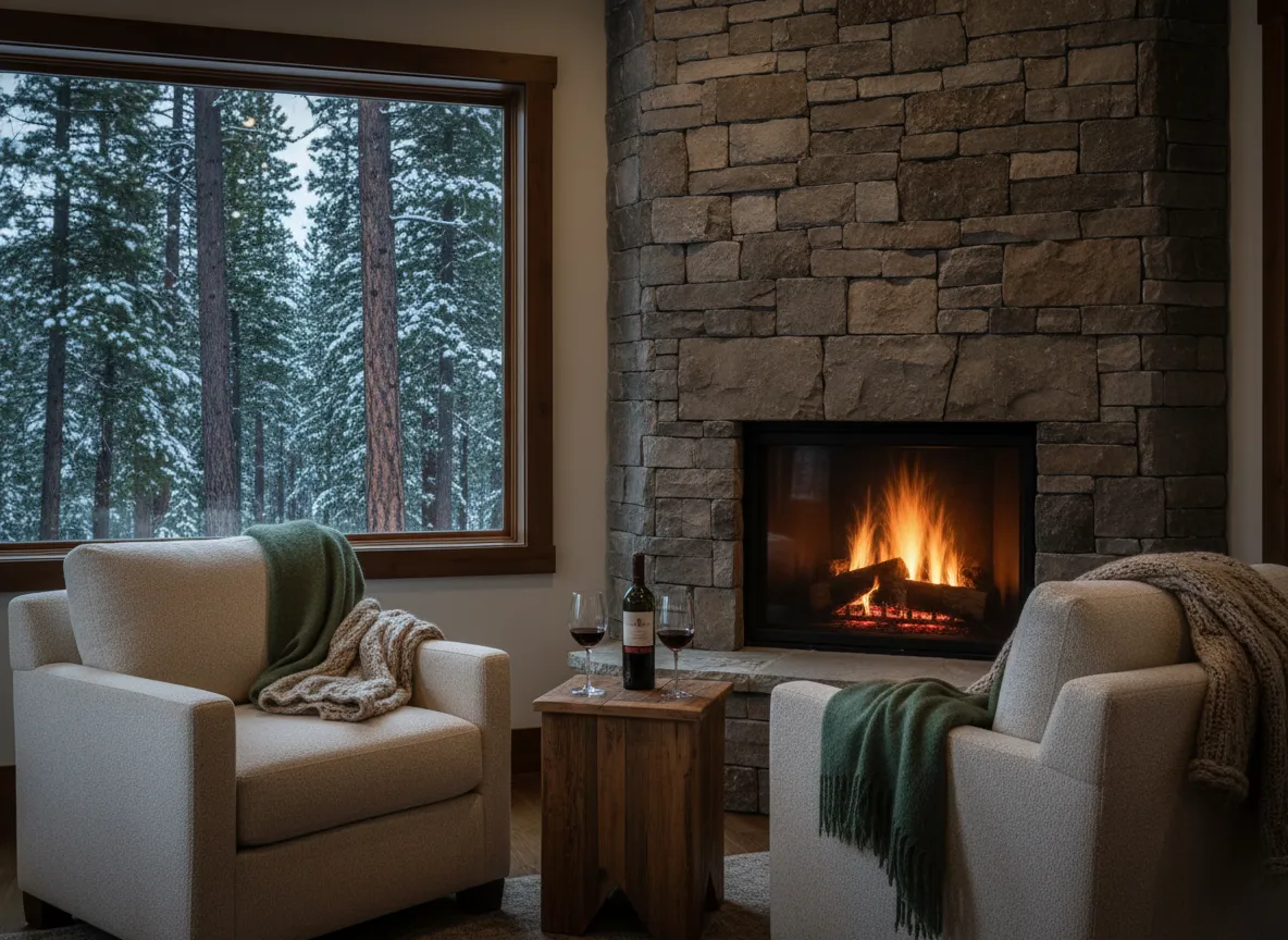 Evergreen Cabin stone fireplace with cozy seating