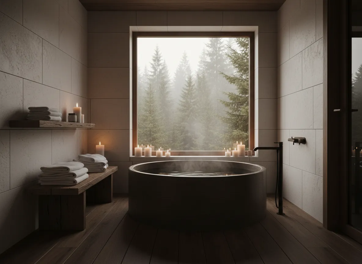 Soaking tub with candles in Evergreen Cabin
