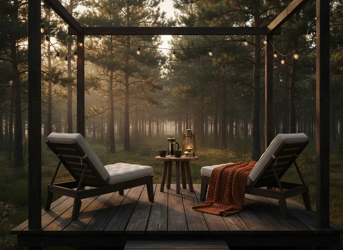Private deck at Evergreen Cabin under pine trees