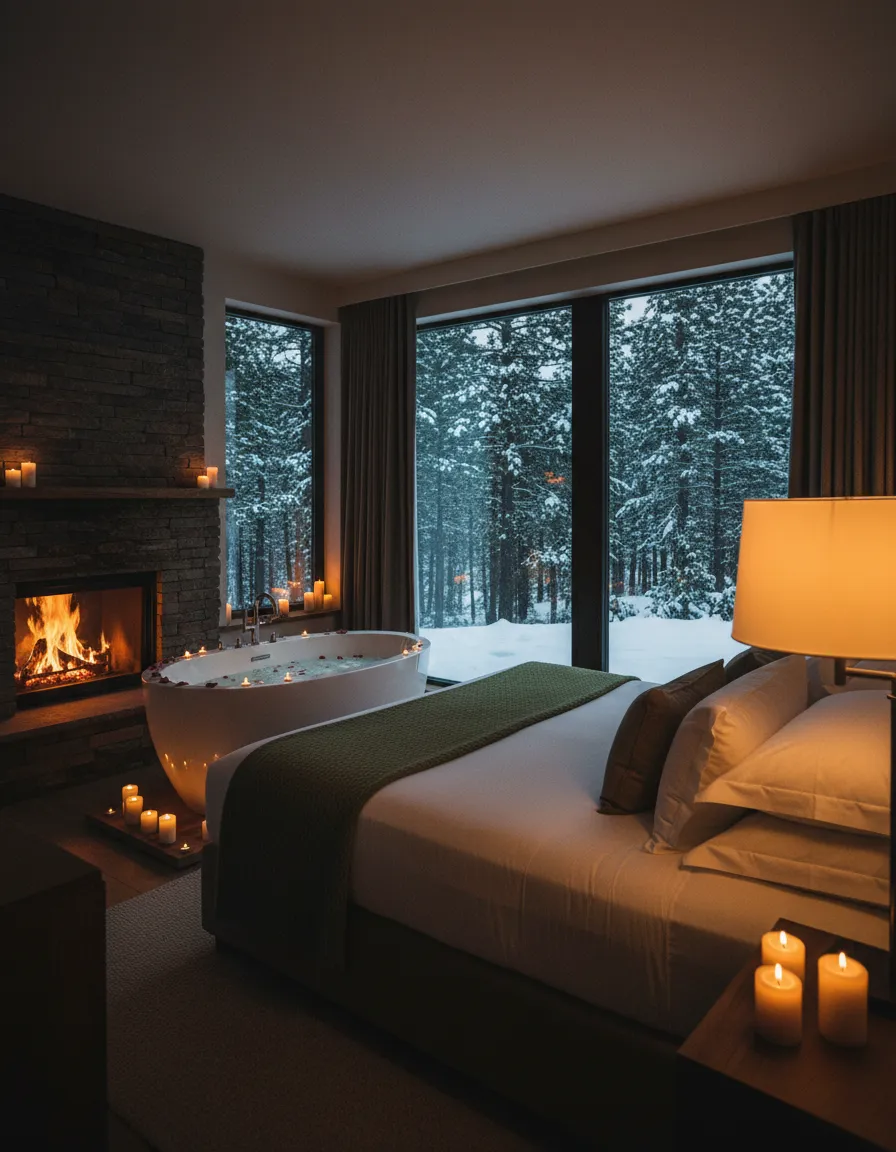 Romantic Evergreen Cabin with stone fireplace and soaking tub