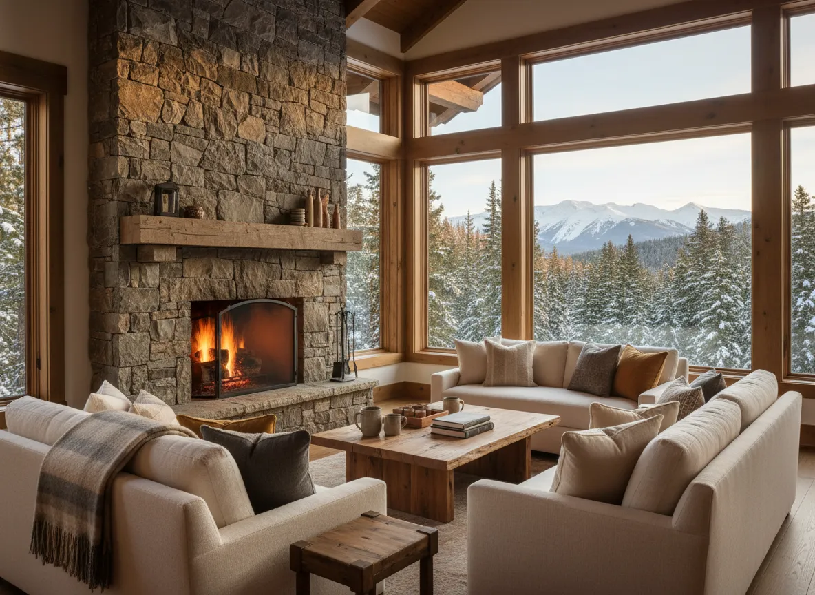 Warm luxury cabin interior with fireplace and large windows
