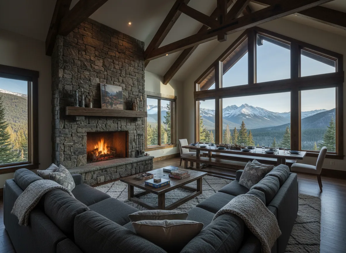 Spacious family lodge living room with panoramic ridge views