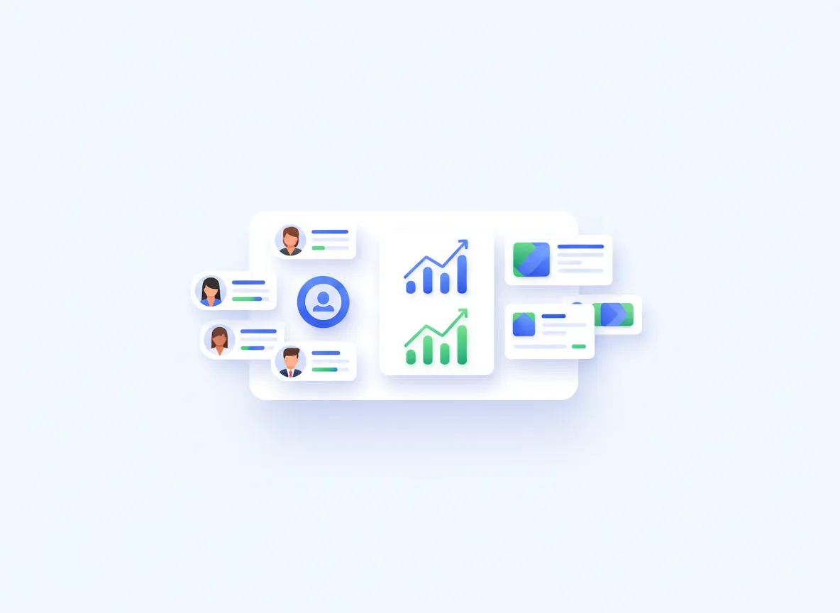 Ilustración tipo SaaS con panel de control, CRM y clientes entrando al sistema