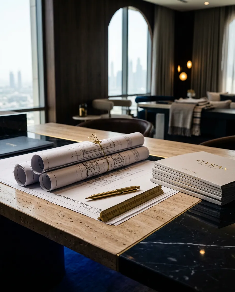 Architectural consultation desk with Dubai property blueprints, marble surface, and precision drafting tools