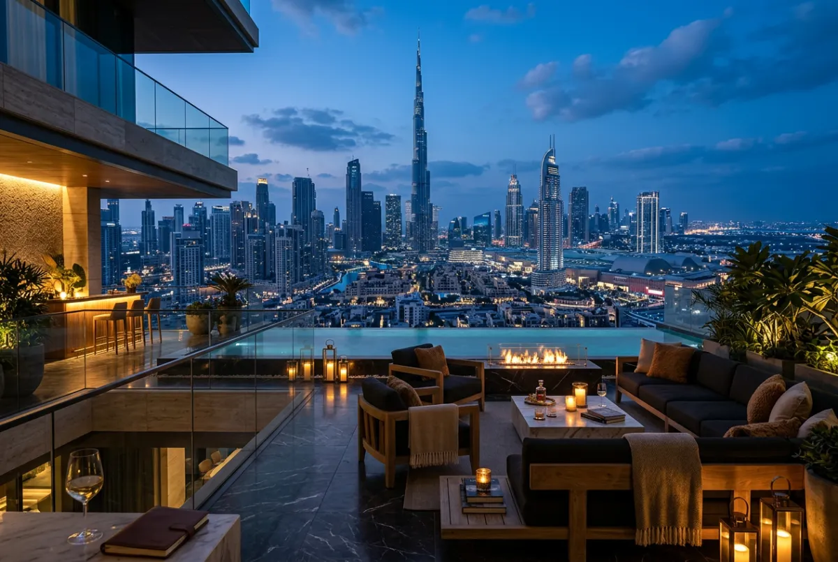 The Grand Canal Estate luxury penthouse with infinity terrace overlooking Downtown Dubai