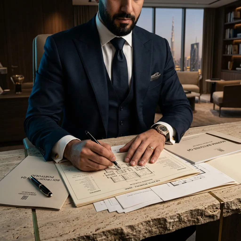 Sophisticated Dubai property specialist reviewing luxury architectural portfolio blueprints and investment documents in an elegant private office