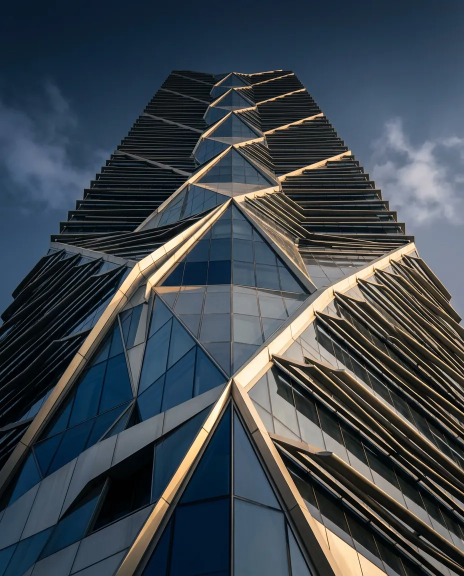 Sleek contemporary Dubai architectural facade showcasing futuristic geometric engineering and ambient natural light
