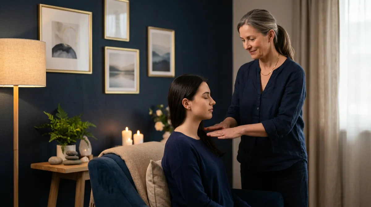 Reiki teacher teaching a student during a Reiki session