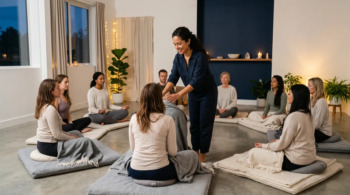 Clean, uncluttered group Reiki session led by a Hispanic Reiki teacher, mostly women participants