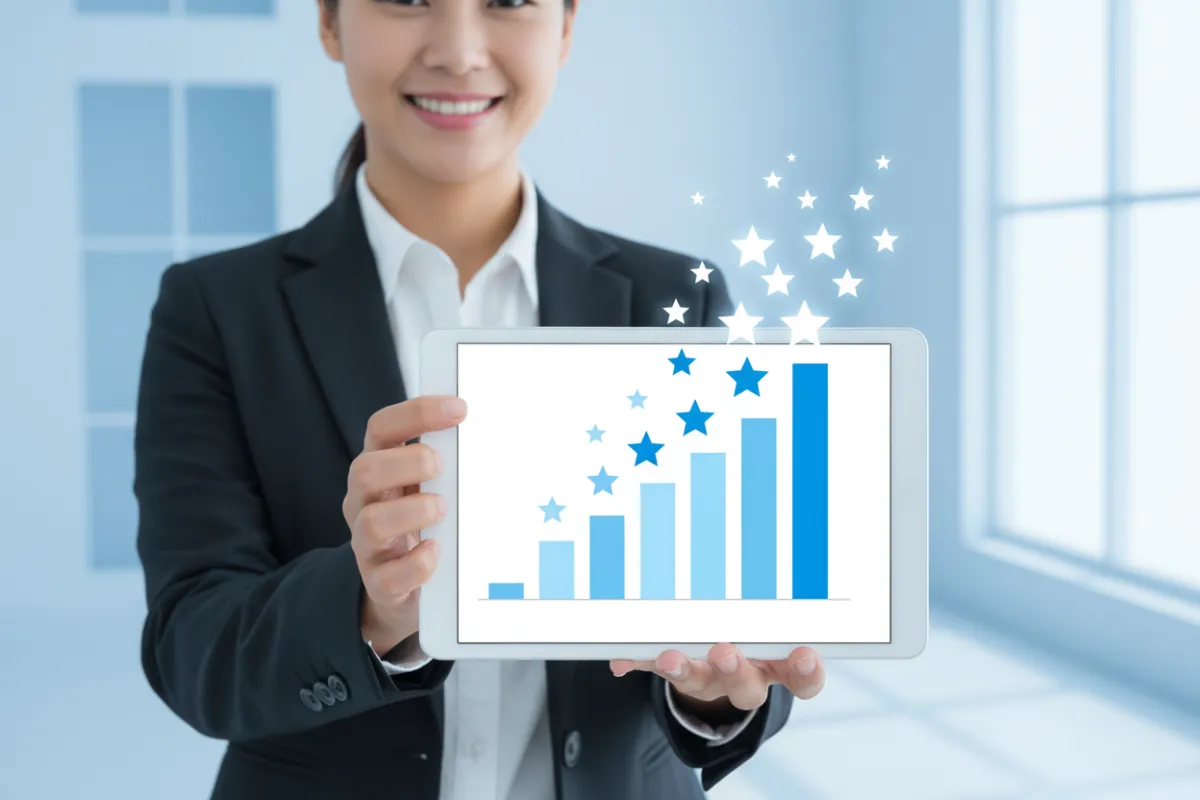 A bar graph rises sharply on a digital tablet held by a smiling business owner, with customer review stars floating above. The background is bright and minimal, using blue and white tones. The image is 3:2, modern, and optimistic.