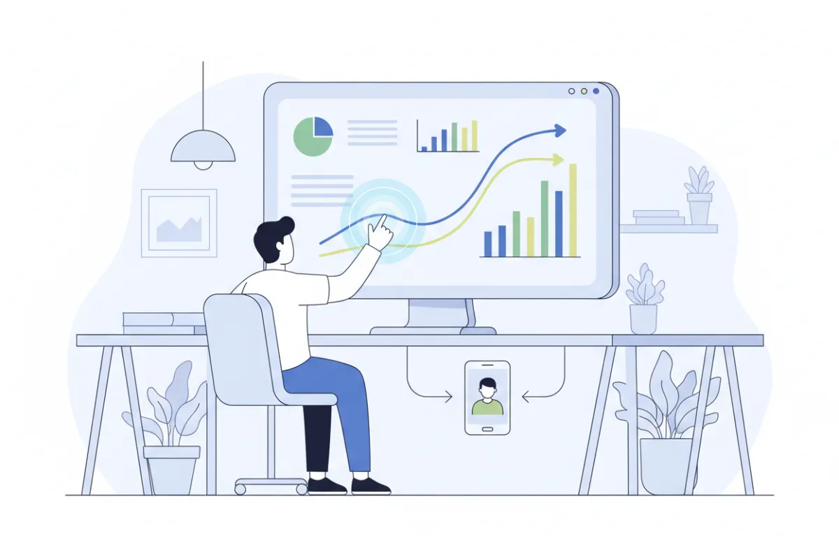 A dashboard interface showing anonymized user analytics, with charts and graphs, in a bright workspace. A person reviews the data on a large screen, highlighting how information is used to improve digital experiences.