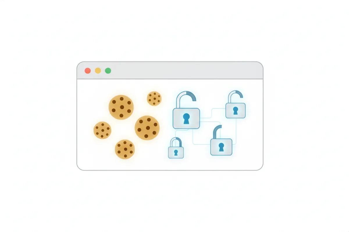 A close-up of a browser window with cookie icons and digital padlocks, set against a clean white background, symbolizing the use of cookies and tracking technologies for privacy and personalization.