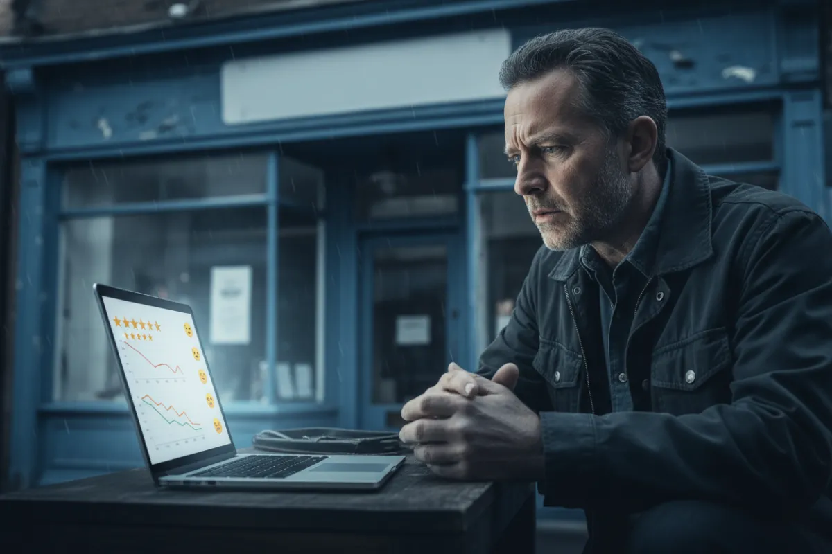A worried shop owner looks at a laptop displaying negative online reviews, with a faded storefront in the background. The scene uses cool blue and gray tones, emphasizing concern and urgency. The composition is 3:2, modern, and emotionally resonant.