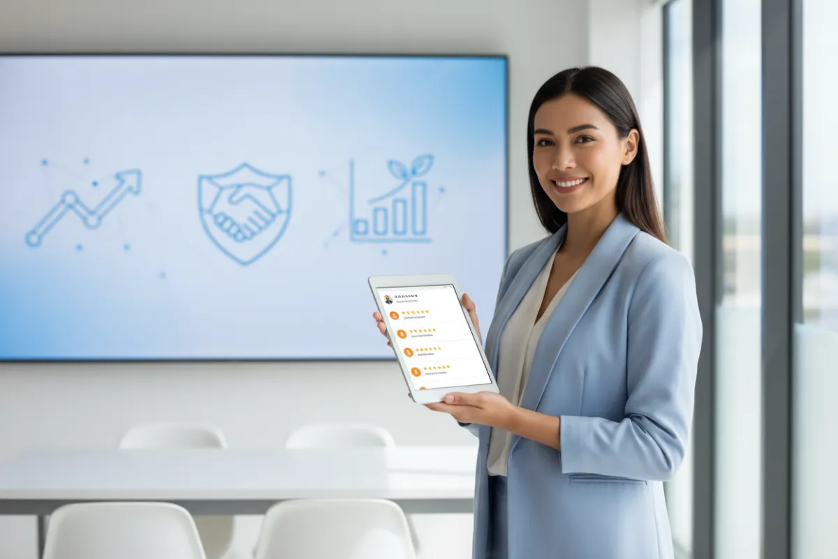 A confident small business owner stands in a modern, sunlit office, holding a digital tablet displaying positive customer reviews. The background features subtle blue gradients and abstract icons representing growth and trust. The style is clean, modern, and professional, with a 3:2 aspect ratio.