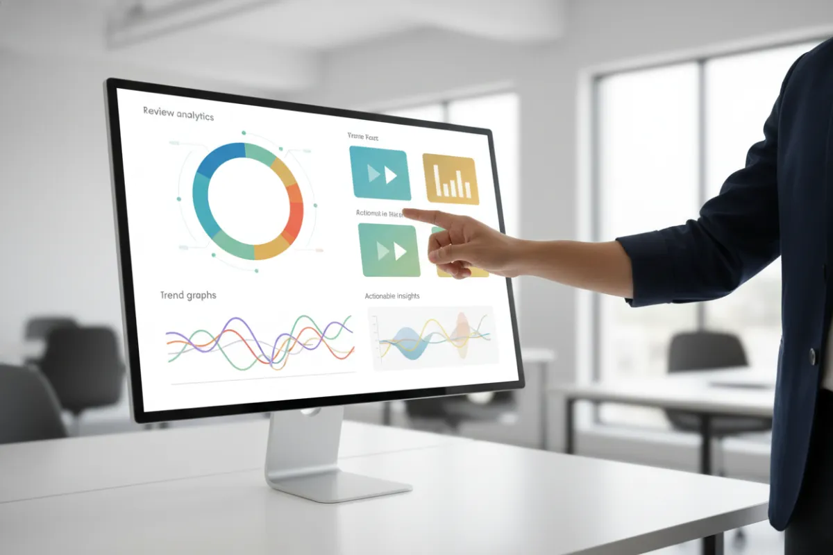 A digital dashboard on a large monitor shows colorful review analytics, trend graphs, and actionable insights. A consultant points to key metrics, with a blurred office background. The style is clean, data-driven, and 3:2 aspect ratio.