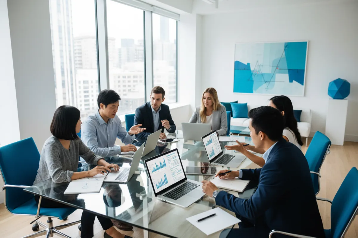 A diverse team of digital consultants collaborates around a glass table, reviewing analytics charts and customer feedback on laptops. The office is bright with natural light, featuring minimalist decor and blue accent details. The image is 3:2, modern, and clean.