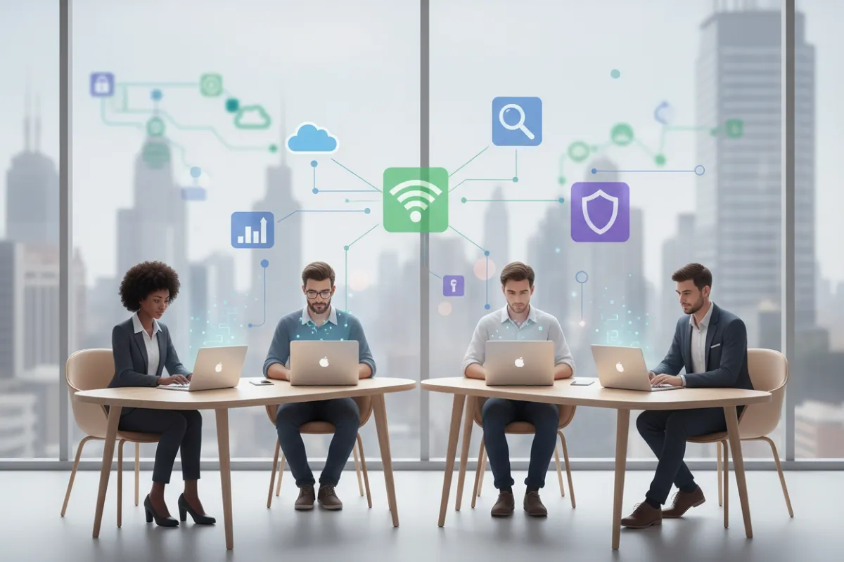 A diverse group of people using laptops and tablets in a modern office, with digital data icons floating above their devices, representing various types of information being collected in a secure, collaborative environment.