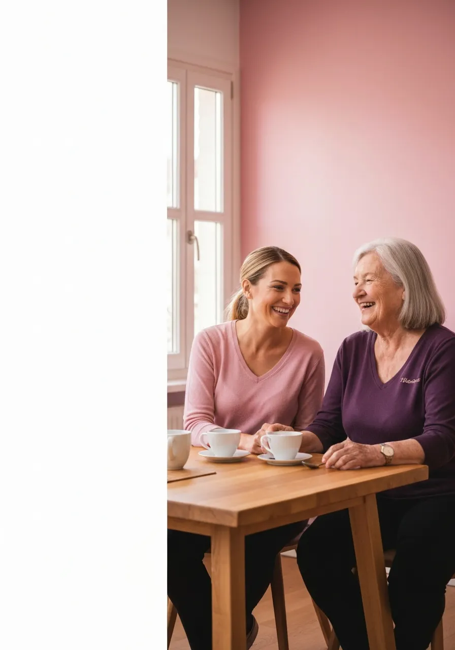 Pflegekraft und Senior am Teetisch