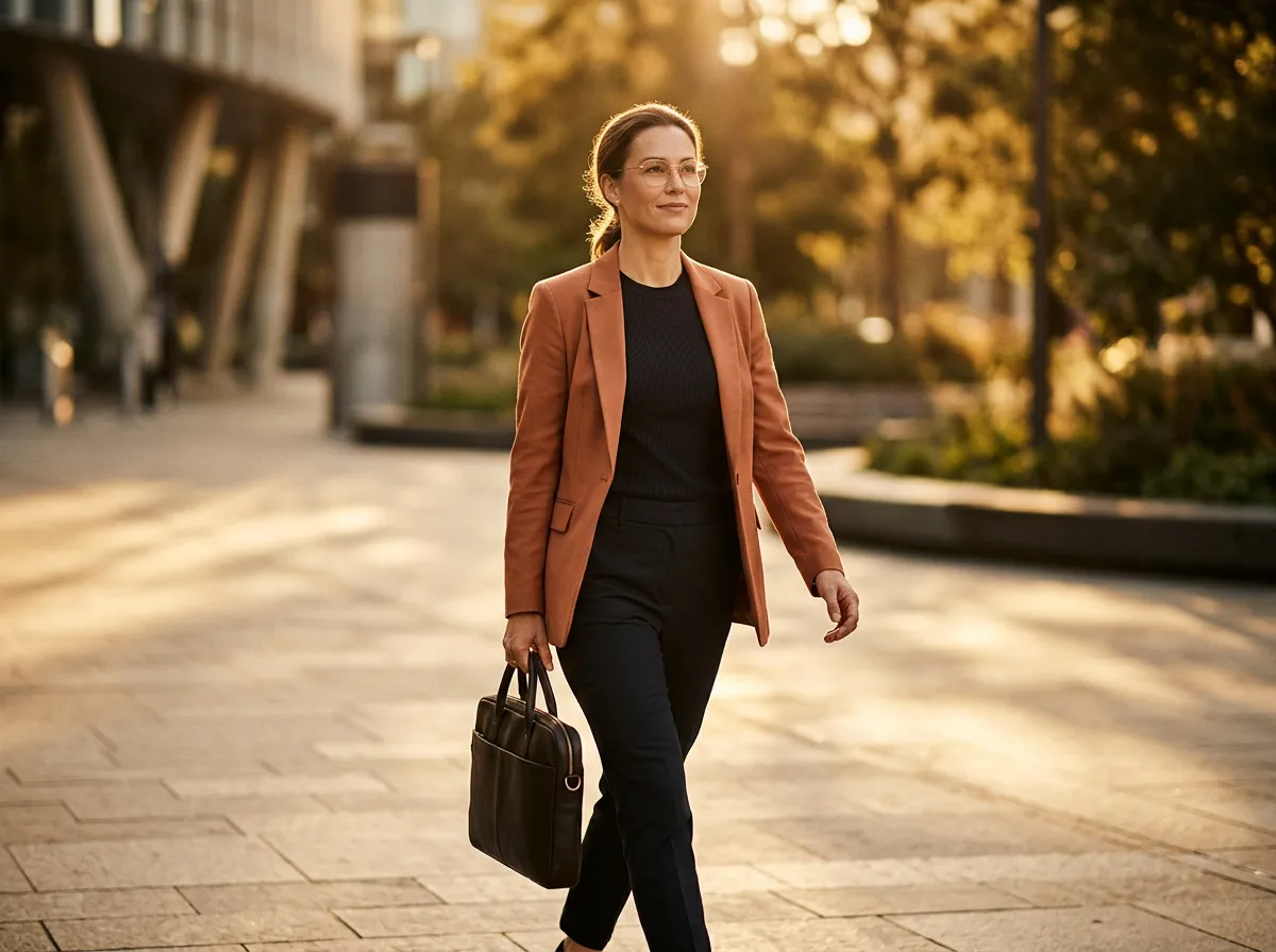 Confident professional walking outdoors in crisp golden light after strategic clarity
