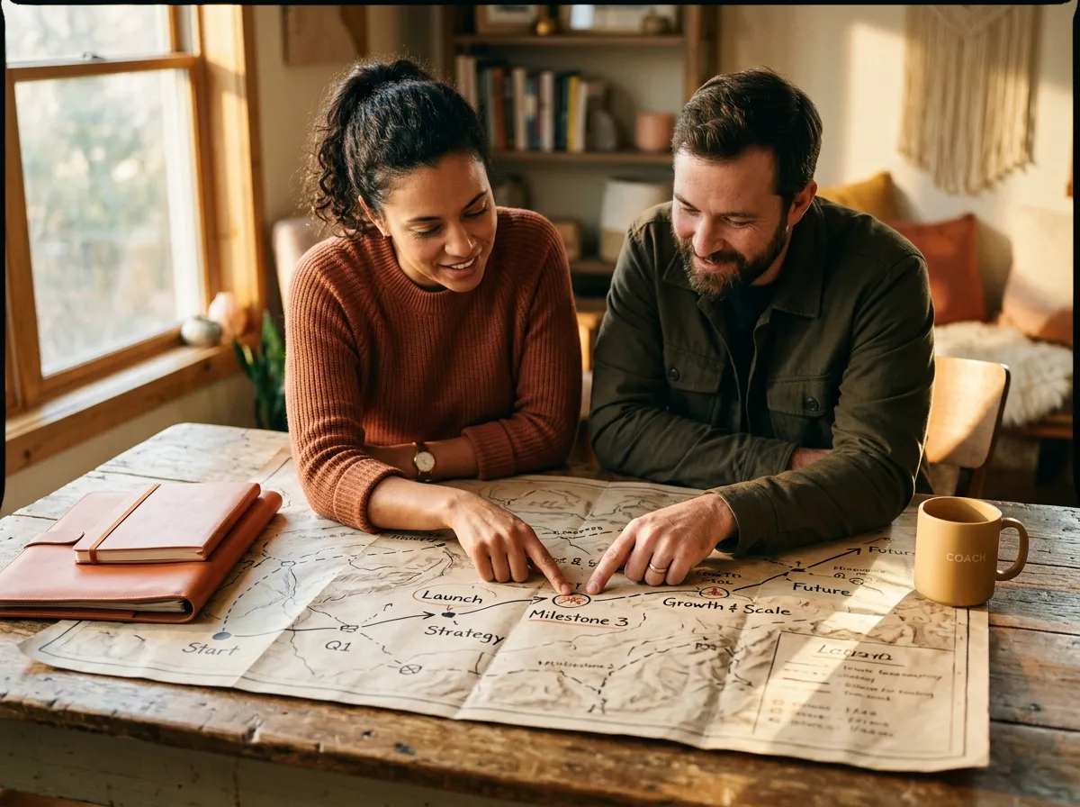 Warm golden hour coaching session with open strategic blueprint
