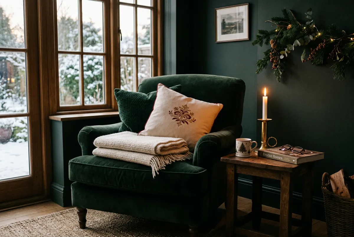 Cozy living room with plush knit blankets, scented candles and festive pillows